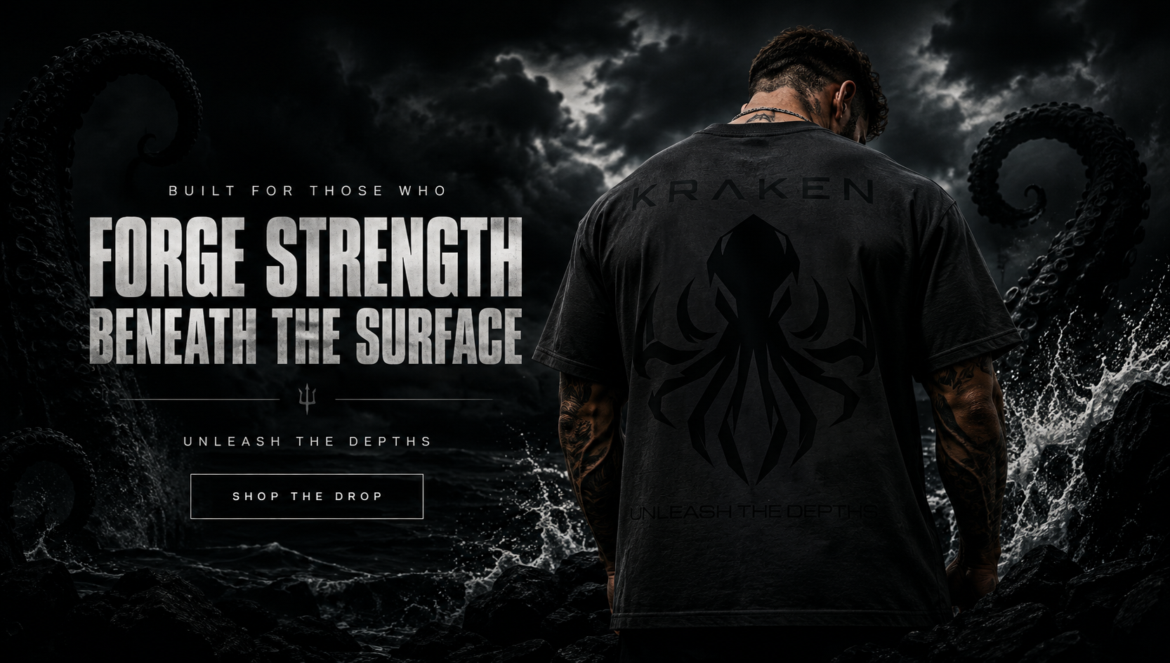 Model wearing the black Kraken Gear shirt beside a stormy ocean